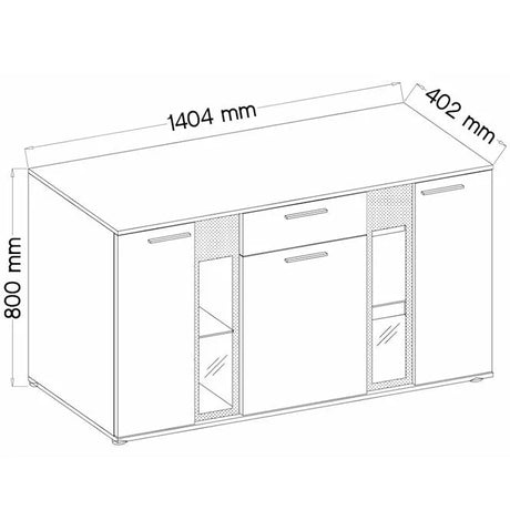 SIDEBOARD SALSA SONOMA LED LIGHTS OPTIONAL 140CMDimensions: 1404 x 800 x 402mm (W x H x D)Number of packages: 2Front:- 15mm white laminated board- melamine rim- glass with a black print- handle: 128mm plasticBody:- 15mm white laminated board- melamine rim