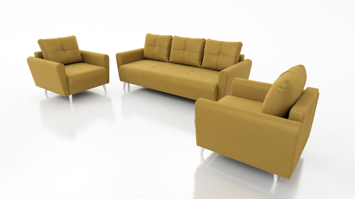 MONE 3+1+1 SOFA AND 2 ARMCHAIRS EASY CLEAN FABRIC / BONELL SPRINGS + FOAMSofa dimensions: sleeping area 135/191 cm width 221 cm depth 96 cm height to the seat 44 cm height of the legs 13 cmChair dimensions: width 90 cm seat width 60 cm height to the seat