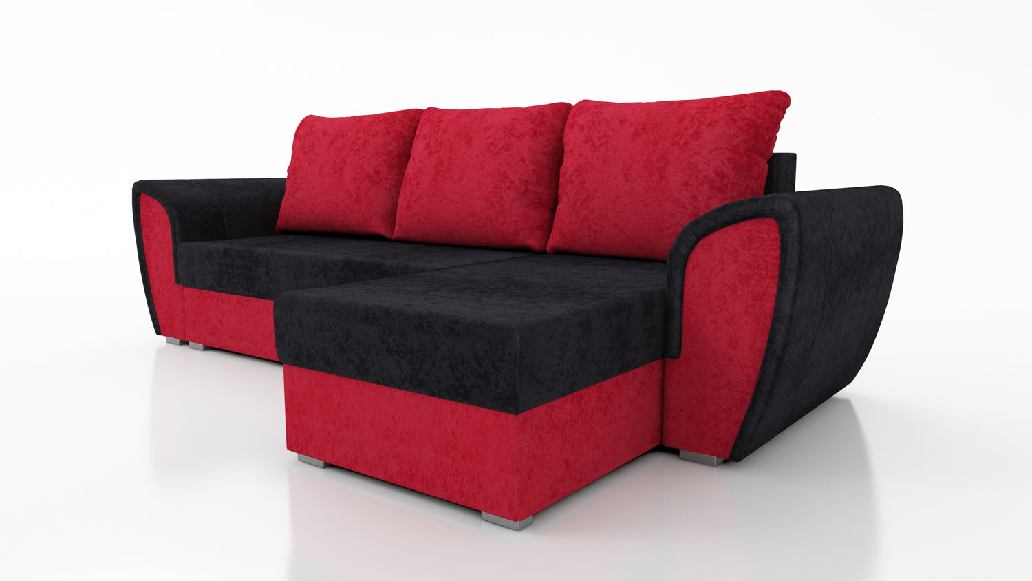 UNIVERSAL CORNER SOFA BED IRIS BLACK/RED 260CM / FOAMTHIS MODEL IS UNIVERSAL WHICH MEANS YOU CAN CHOOSE CORNER SIDE DURING ASSEMBLY 3 X PILLOWS INCLUDED1 X STORAGE SPACE (OPTIONAL 2ND STORAGE FOR ADDITIONAL COST)Dimensions: width 260 cm depth 145 cm total