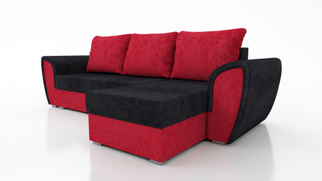 UNIVERSAL CORNER SOFA BED IRIS BLACK/RED 260CM / FOAMTHIS MODEL IS UNIVERSAL WHICH MEANS YOU CAN CHOOSE CORNER SIDE DURING ASSEMBLY 3 X PILLOWS INCLUDED1 X STORAGE SPACE (OPTIONAL 2ND STORAGE FOR ADDITIONAL COST)Dimensions: width 260 cm depth 145 cm total