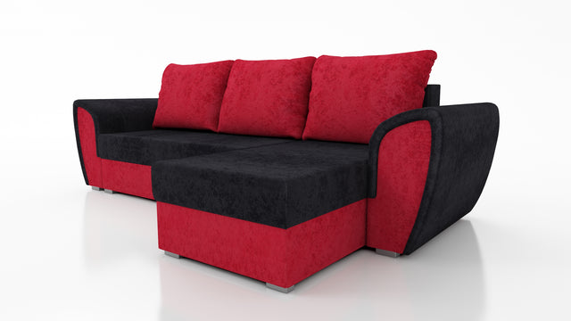 UNIVERSAL CORNER SOFA BED IRIS BLACK/RED 260CM / FOAMTHIS MODEL IS UNIVERSAL WHICH MEANS YOU CAN CHOOSE CORNER SIDE DURING ASSEMBLY 3 X PILLOWS INCLUDED1 X STORAGE SPACE (OPTIONAL 2ND STORAGE FOR ADDITIONAL COST)Dimensions: width 260 cm depth 145 cm total