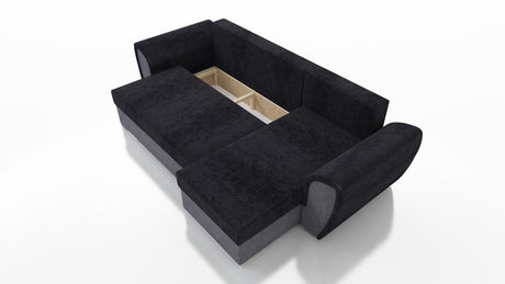 UNIVERSAL CORNER SOFA BED IRIS BLACK/RED 260CM / FOAMTHIS MODEL IS UNIVERSAL WHICH MEANS YOU CAN CHOOSE CORNER SIDE DURING ASSEMBLY 3 X PILLOWS INCLUDED1 X STORAGE SPACE (OPTIONAL 2ND STORAGE FOR ADDITIONAL COST)Dimensions: width 260 cm depth 145 cm total