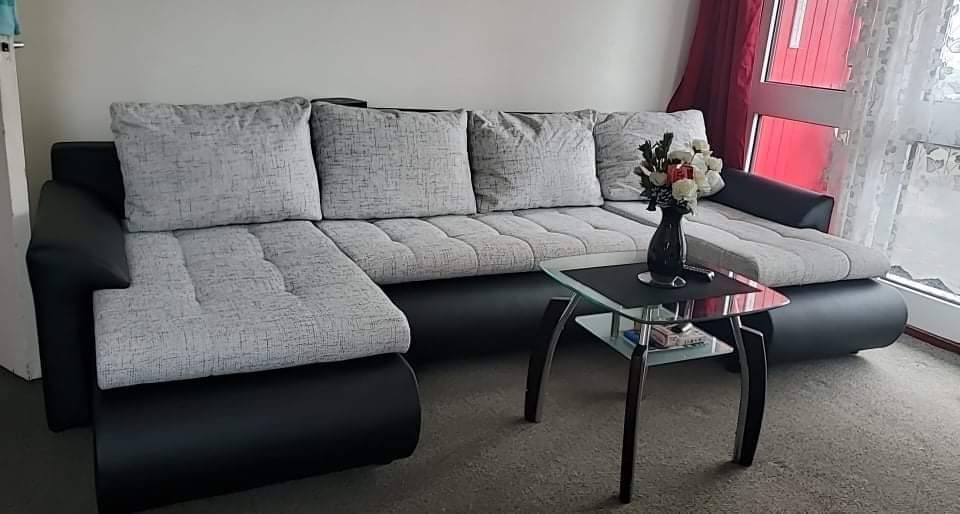 CORNER SOFA BED PRADO U SHAPE LAWA 09/1114 300cm GREY/BLACK / SPRINGS + FOAMWavy springs + FOAM CHOICE OF COLOR large sleeping areaSeat and cushions made of Lawa Fabric click here bottom and sides made on faux leather Soft click here. Dimensions W: 300cm