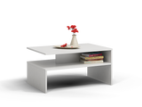 COFFEE TABLE BOSSY WHITE 90X60CMDIMENSIONS: Height: 45 cm Width: 90 cm Depth: 60 cm Table top: 60 x 90 cmTabletop thickness: 16 mmUsage:The surface of the furniture should be cleaned with a soft cloth. Avoid using harsh chemicals.In the package:Assembly i