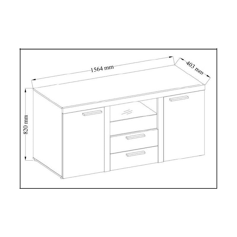 SIDEBOARD ROMA WHITE 156CMDimensions: 1564 x 820 x 403mm (W x H x D)Number of packages: 2Front :- laminated board 15mm Lefkas Oak- melamine edging- handle: 128mm plasticBody:- laminated board 15mm Lefkas Oak- melamine edging- MDF strip 18mm / 16mmBack wal