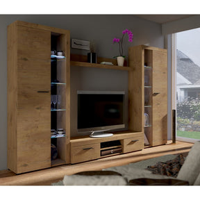 TV WALL UNIT ROMA XL LEFKASDimensions: 3000 x 1900 x 402mm (W x H x D)Number of packages: 4Front:- 15mm white laminated board- melamine rim- handle: 128mm plasticBody:- 15mm white laminated board- melamine rim- 18mm / 16mm MDF stripBack wall :- Black HDF