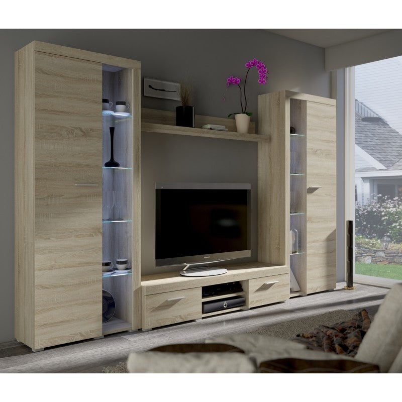 TV WALL UNIT ROMA XL SONOMADimensions: 3000 x 1900 x 402mm (W x H x D)Number of packages: 4Front:- 15mm white laminated board- melamine rim- handle: 128mm plasticBody:- 15mm white laminated board- melamine rim- 18mm / 16mm MDF stripBack wall :- Black HDF