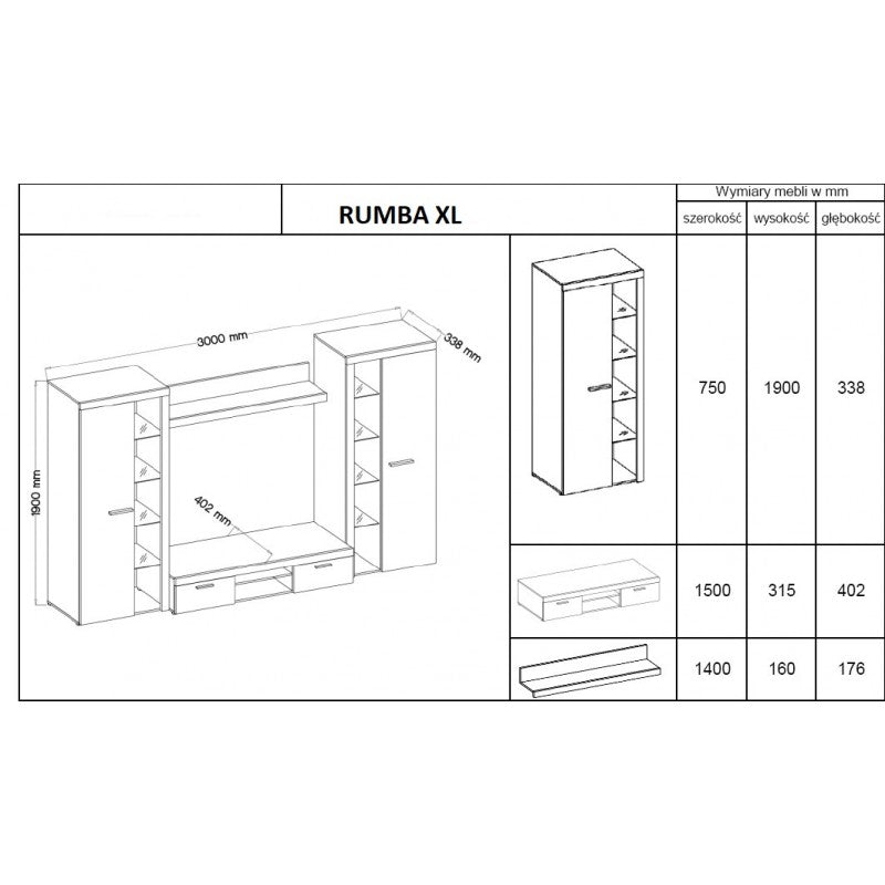 TV WALL UNIT ROMA XL WHITEDimensions: 3000 x 1900 x 402mm (W x H x D)Number of packages: 4Front:- 15mm white laminated board- melamine rim- handle: 128mm plasticBody:- 15mm white laminated board- melamine rim- 18mm / 16mm MDF stripBack wall :- Black HDF b