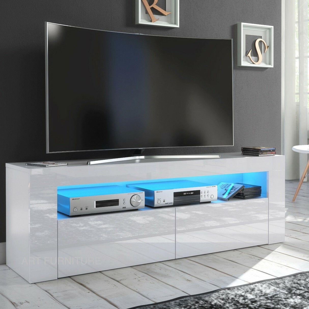 TV STAND DACO 2 WHITE GLOSS FRONTS 160CMDepth: 40 cmWidth: 160 cmHeight: 45 cmMinimalist designThe cabinet has 2 functional and roomy storage compartments.The furniture has high gloss lacquered fronts and the body of the furniture is matt.A modern RTV tab