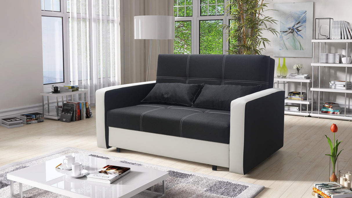 TWO SEATER SOFA BED BELLA II 137CM / SPRINGS + FOAMDimensions :- width 137 cm- height 85 cm- depth 95 cm- area sleeping 113/195 cm +/- 3The sofa is made on a wooden skeleton, the seat uses corrugated springs and PUR T30 / 42 foam. The sofa is unfolded usi