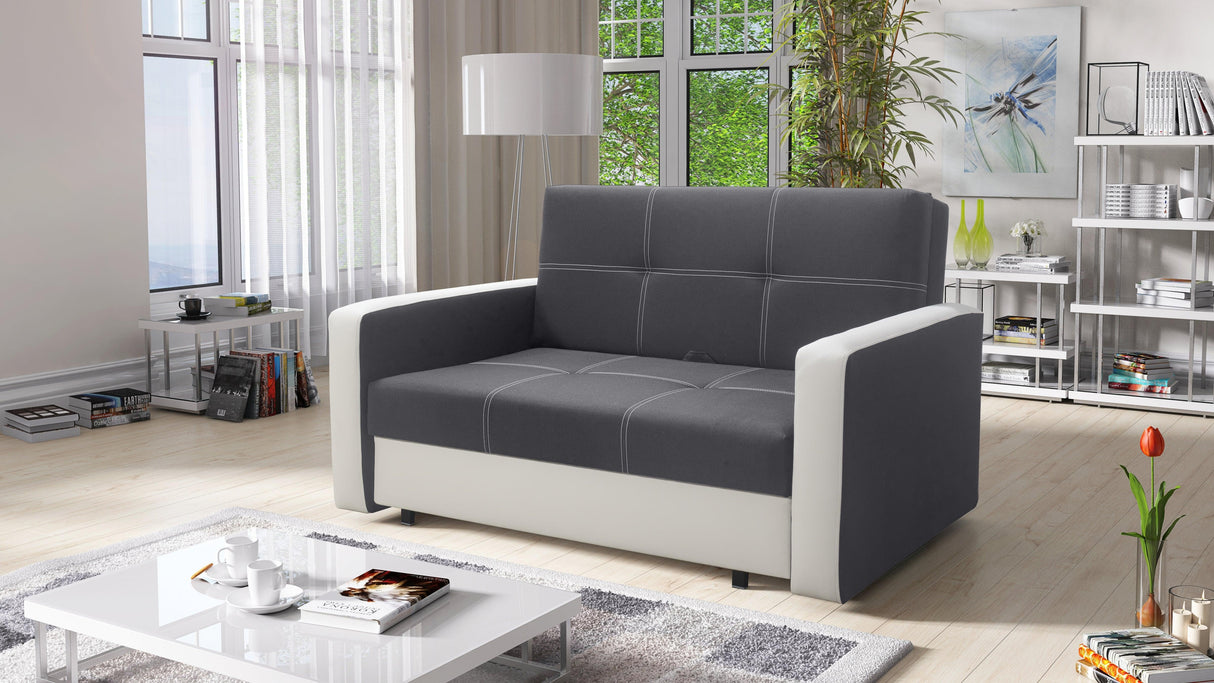 TWO SEATER SOFA BED BELLA II 137CM / SPRINGS + FOAMDimensions :- width 137 cm- height 85 cm- depth 95 cm- area sleeping 113/195 cm +/- 3The sofa is made on a wooden skeleton, the seat uses corrugated springs and PUR T30 / 42 foam. The sofa is unfolded usi