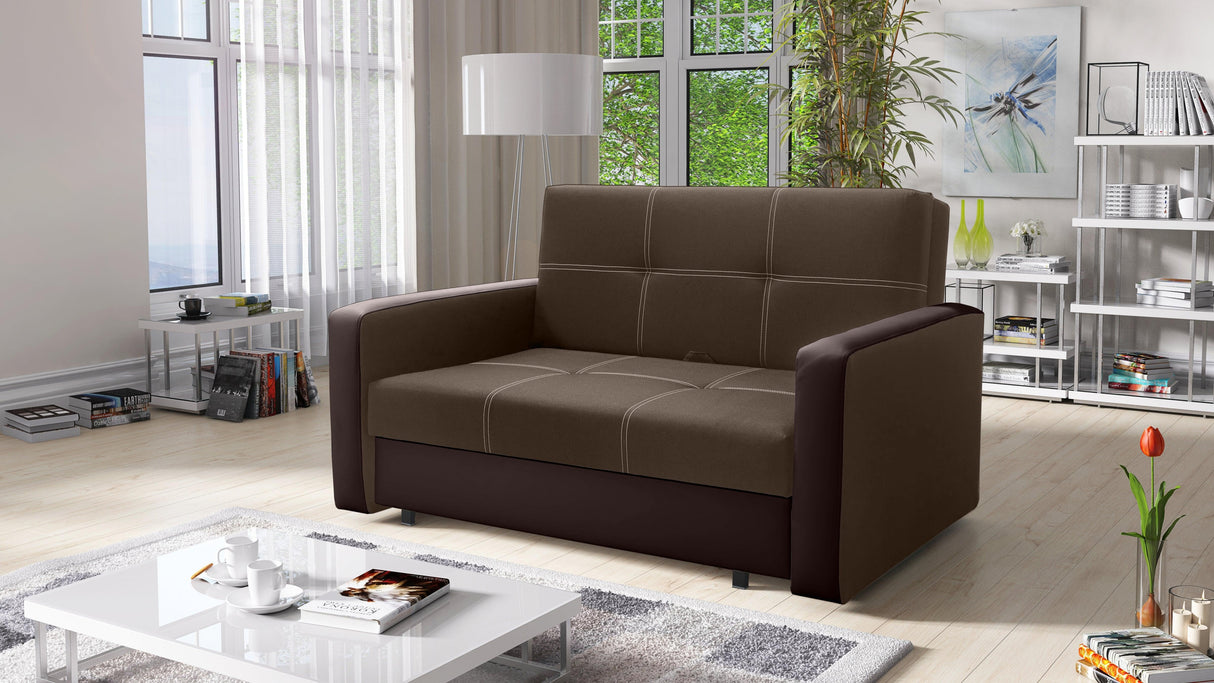 TWO SEATER SOFA BED BELLA II 137CM / SPRINGS + FOAMDimensions :- width 137 cm- height 85 cm- depth 95 cm- area sleeping 113/195 cm +/- 3The sofa is made on a wooden skeleton, the seat uses corrugated springs and PUR T30 / 42 foam. The sofa is unfolded usi