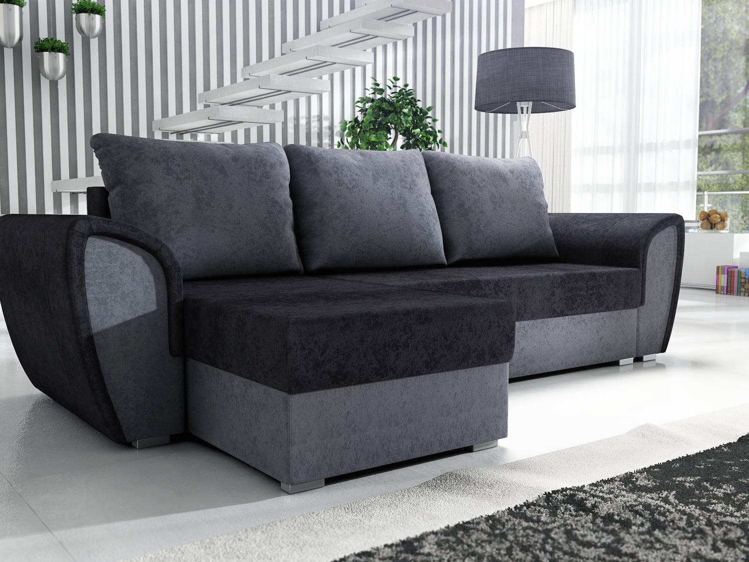 UNIVERSAL CORNER SOFA BED IRIS BLACK/GREY 260CM / FOAMTHIS MODEL IS UNIVERSAL WHICH MEANS YOU CAN CHOOSE CORNER SIDE DURING ASSEMBLY 3 X PILLOWS INCLUDED1 X STORAGE SPACE (OPTIONAL 2ND STORAGE FOR ADDITIONAL COST)Dimensions: width 260 cm depth 145 cm tota