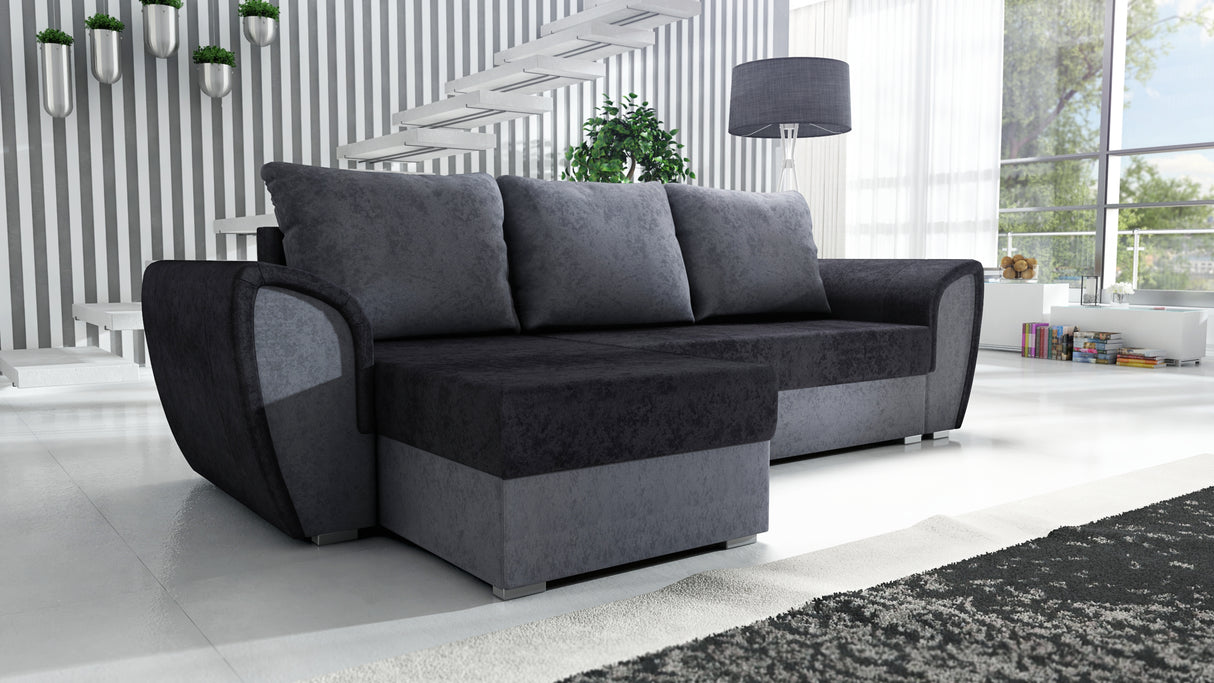 UNIVERSAL CORNER SOFA BED IRIS BLACK/GREY 260CM / FOAMTHIS MODEL IS UNIVERSAL WHICH MEANS YOU CAN CHOOSE CORNER SIDE DURING ASSEMBLY 3 X PILLOWS INCLUDED1 X STORAGE SPACE (OPTIONAL 2ND STORAGE FOR ADDITIONAL COST)Dimensions: width 260 cm depth 145 cm tota
