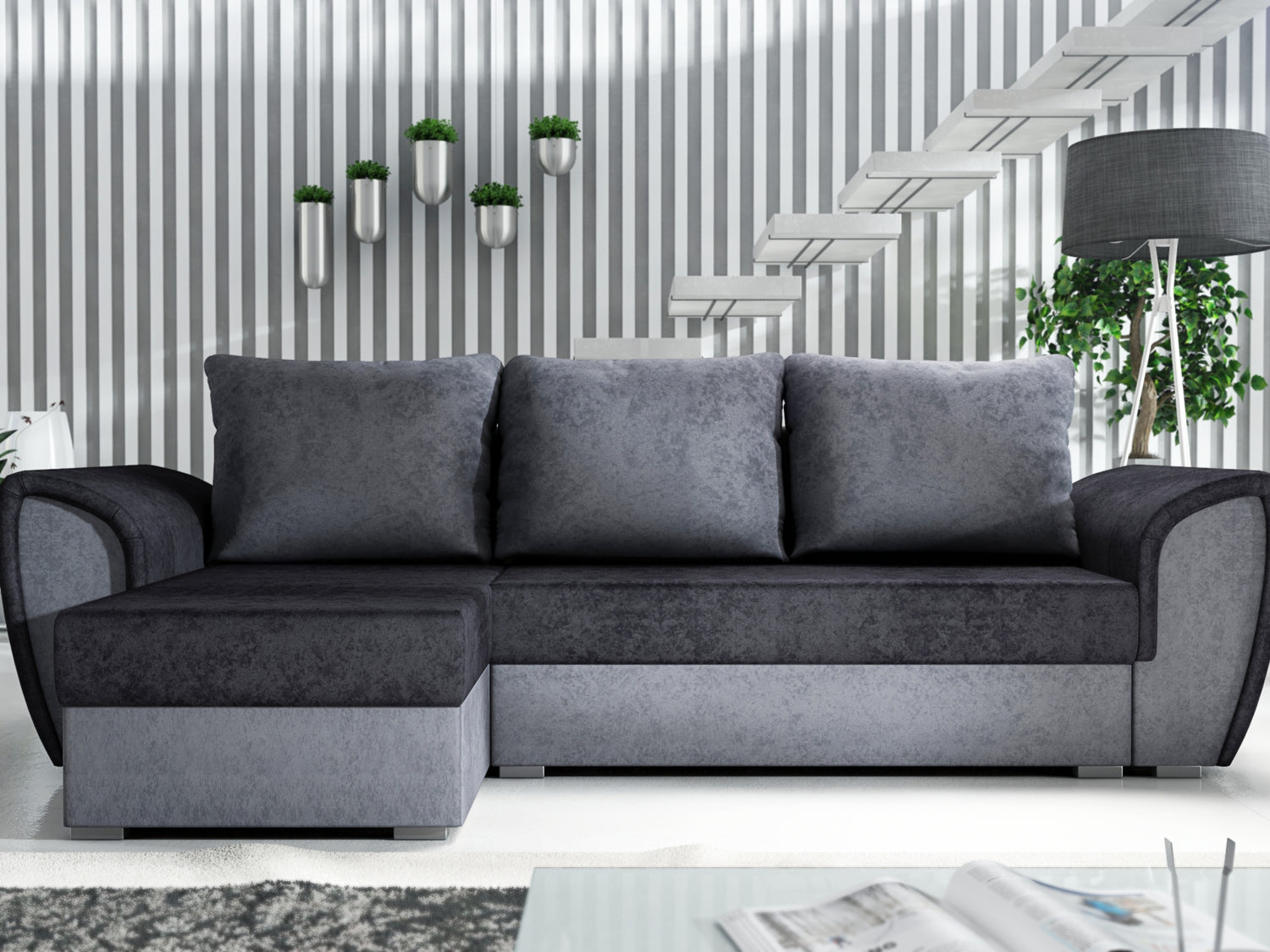 UNIVERSAL CORNER SOFA BED IRIS BLACK/GREY 260CM / FOAMTHIS MODEL IS UNIVERSAL WHICH MEANS YOU CAN CHOOSE CORNER SIDE DURING ASSEMBLY 3 X PILLOWS INCLUDED1 X STORAGE SPACE (OPTIONAL 2ND STORAGE FOR ADDITIONAL COST)Dimensions: width 260 cm depth 145 cm tota