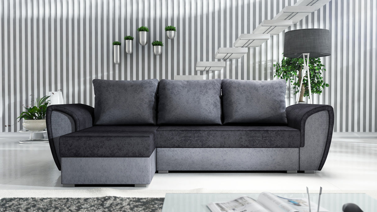 UNIVERSAL CORNER SOFA BED IRIS BLACK/GREY 260CM / FOAMTHIS MODEL IS UNIVERSAL WHICH MEANS YOU CAN CHOOSE CORNER SIDE DURING ASSEMBLY 3 X PILLOWS INCLUDED1 X STORAGE SPACE (OPTIONAL 2ND STORAGE FOR ADDITIONAL COST)Dimensions: width 260 cm depth 145 cm tota