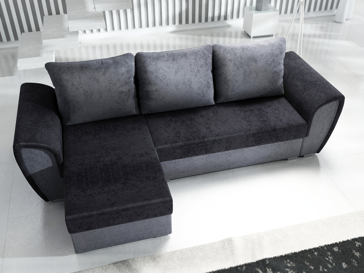 UNIVERSAL CORNER SOFA BED IRIS BLACK/GREY 260CM / FOAMTHIS MODEL IS UNIVERSAL WHICH MEANS YOU CAN CHOOSE CORNER SIDE DURING ASSEMBLY 3 X PILLOWS INCLUDED1 X STORAGE SPACE (OPTIONAL 2ND STORAGE FOR ADDITIONAL COST)Dimensions: width 260 cm depth 145 cm tota