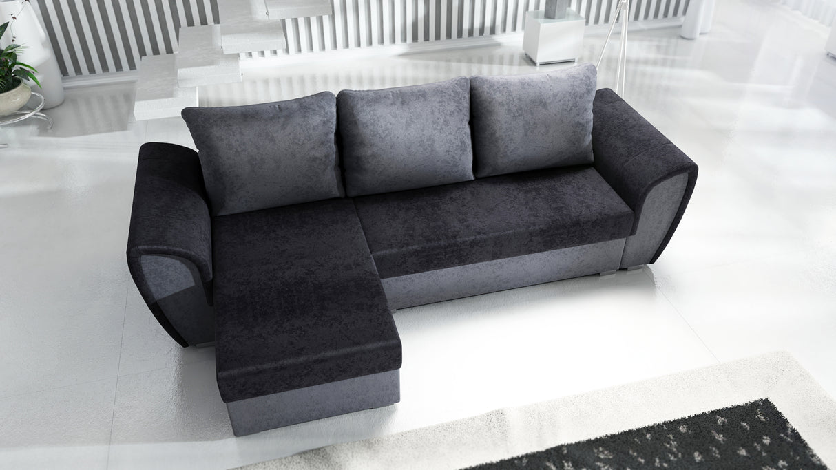 UNIVERSAL CORNER SOFA BED IRIS BLACK/GREY 260CM / FOAMTHIS MODEL IS UNIVERSAL WHICH MEANS YOU CAN CHOOSE CORNER SIDE DURING ASSEMBLY 3 X PILLOWS INCLUDED1 X STORAGE SPACE (OPTIONAL 2ND STORAGE FOR ADDITIONAL COST)Dimensions: width 260 cm depth 145 cm tota