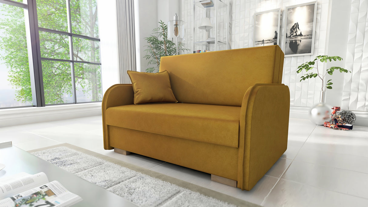 2 SEATER SOFA BED GOLDY 124CM EASY CLEAN FABRIC / SPRINGS + FOAMDimensions : width 124 cm height to the seat 38 cm side height 60 cm depth 100 cm seat depth 65 cm over sleeping 113/195 cm(no possibility to change dimensions) +/- 3BERLIN FABRIC CLICK HEREJ