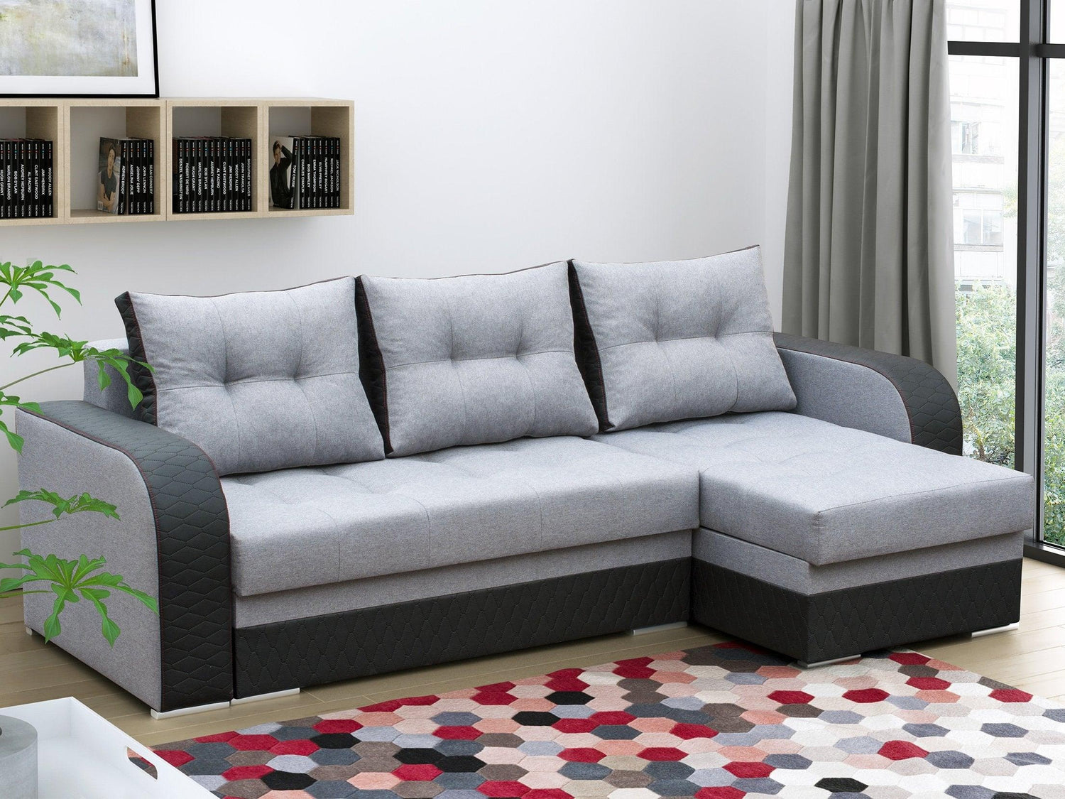 CORNER SOFA BED SAM GREY /BLACK 236CM 2X STORAGE SPACE universal RIGHT/LEFT CORNER / BONELL SPRINGS + FOAMTHIS MODEL IS UNIVERSAL WHICH MEANS YOU CAN CHOOSE CORNER SIDE DURING ASSEMBLY3x PILLOWS INCLUDED2X STORAGE SPACE BONELL SPRINGS + FOAM - length: 236