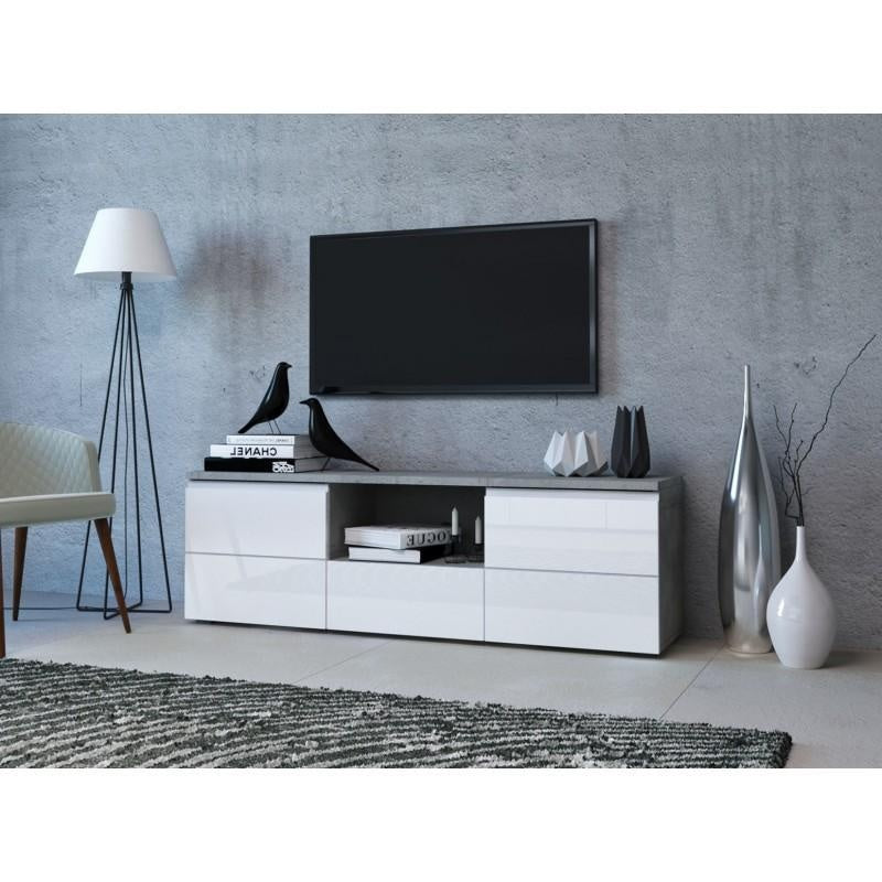 TV STAND MEZZO 140CM GREY/WHITE GLOSS FRONTSDIMENSIONS: Depth: 35 cm Width: 140 cm Height: 45 cmThe universal look will meet the expectations of all those who value a combination of simplicity and elegance Minimalist design Handle-free fronts ensure comfo