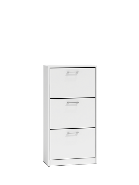 PAULA SHOE CABINET - WHITE 116CM X 60CMMATERIAL: Body and fronts - 16mm laminated chipboard.Edges - finished with ABS plastic (characterized by high mechanical and chemical resistance)Drawers - on roller guides, it is a guarantee of comfortable and, above