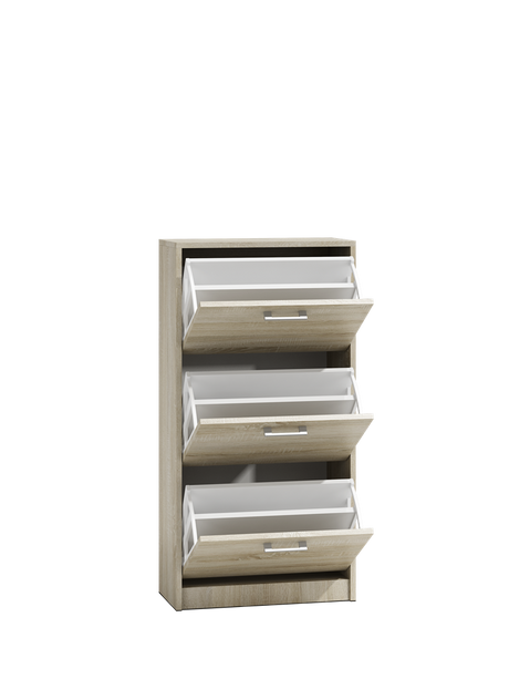 PAULA SHOE CABINET - SONOMA 116CM X 60CMMATERIAL: Body and fronts - 16mm laminated chipboard.Edges - finished with ABS plastic (characterized by high mechanical and chemical resistance)Drawers - on roller guides, it is a guarantee of comfortable and, abov