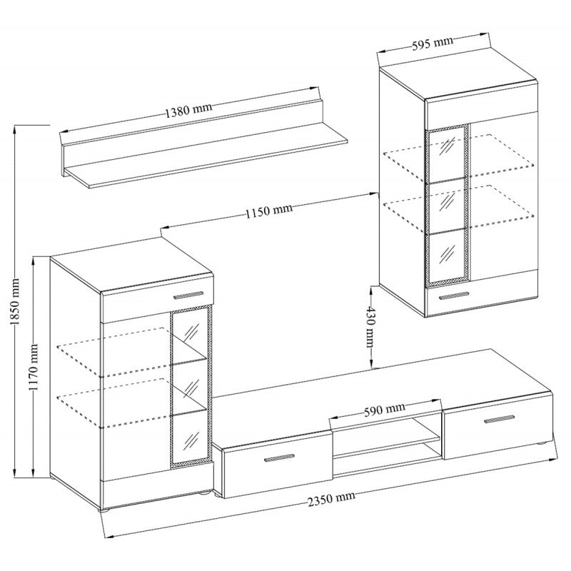 TV WALL UNIT TANGO ARTISAN/WHITEDimensions: 2350 x 1850 x 402mm (W x H x D)Number of packages: 2Front:- 15mm laminated board White / ARTISAN Oak- 1mm ABS rim- glass with a black print- handle: 128mm plasticBody:- 15mm laminated board White / ARTISAN Oak-