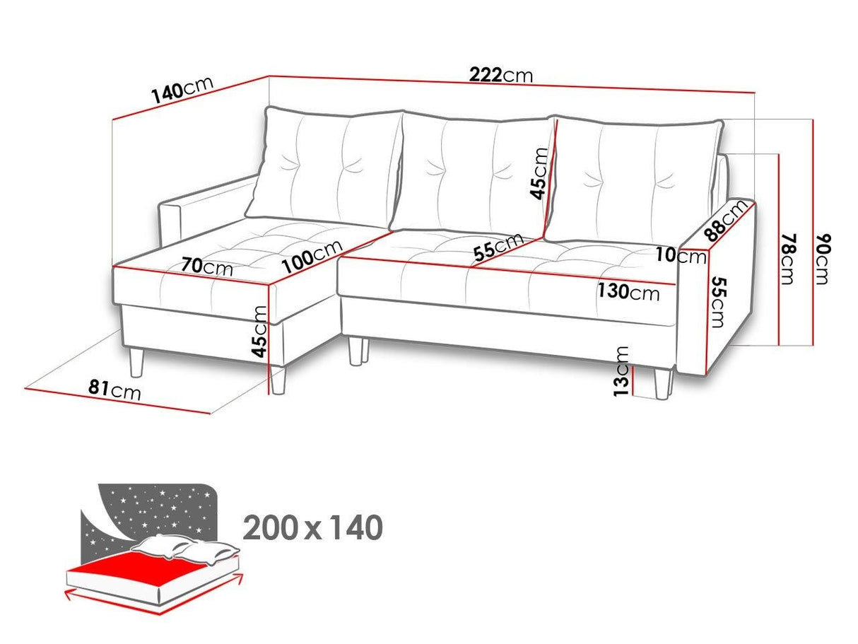 CORNER SOFA BED BRIAN 2X STORAGE SPACE MALMO 85 222x140cm universal RIGHT/LEFT CORNER / BONELL SPRINGS + FOAMTHIS MODEL IS UNIVERSAL WHICH MEANS YOU CAN CHOOSE CORNER SIDE DURING ASSEMBLYMADE IN MALMO FABRIC CLICK HERE3x PILLOWS INCLUDED2X STORAGE SPACEWO
